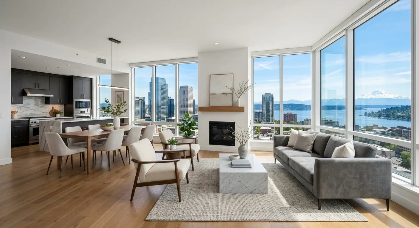 A professionally staged, modern living room in a Bellevue luxury home, showcasing a neutral palette and high-end furniture.