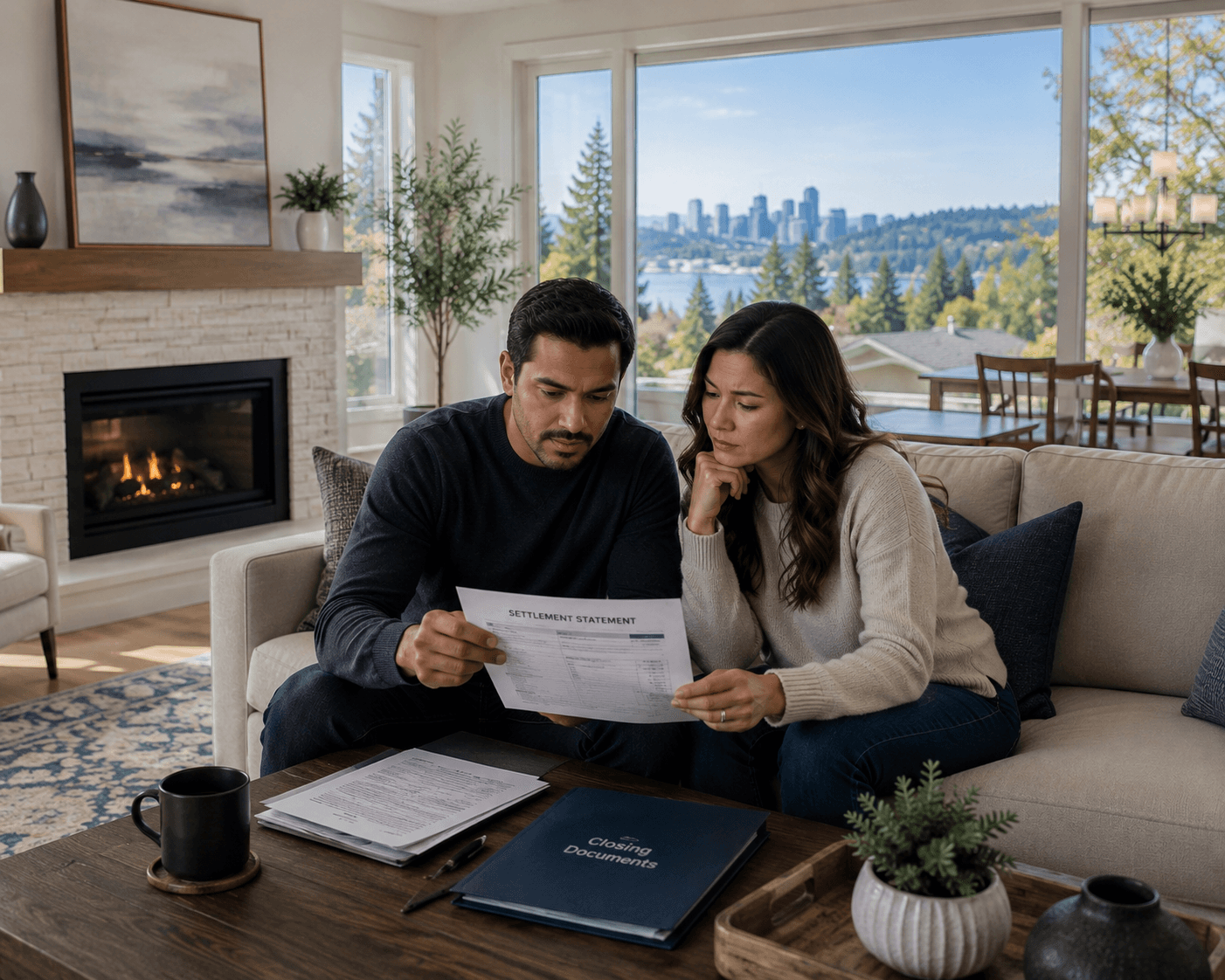 Couple in their living room reviewing a settlement statement and closing documents, with the Bellevue skyline and Lake Washington visible through the window