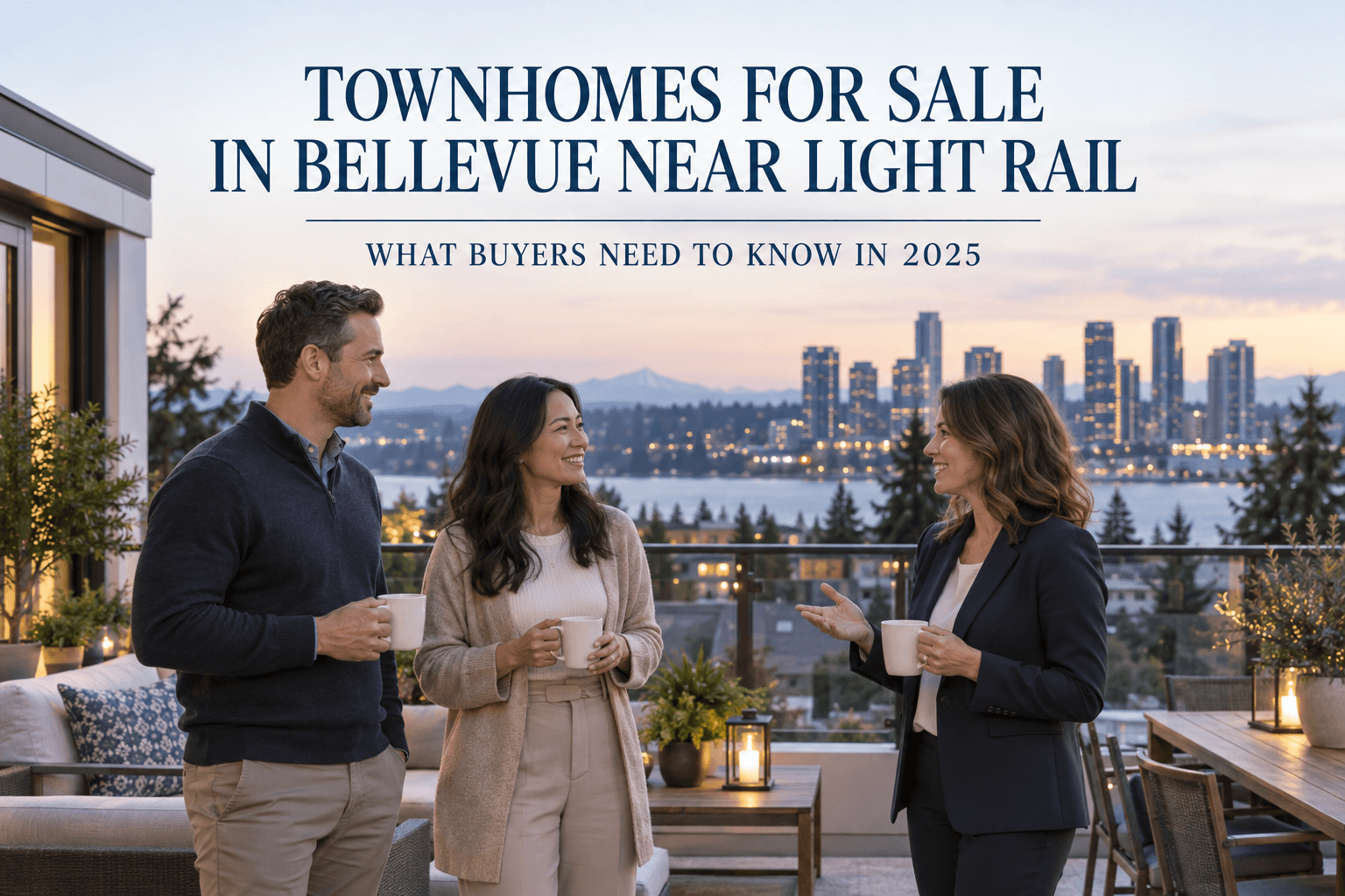 Row of modern townhomes near the Spring District light rail station in Bellevue, Washington
