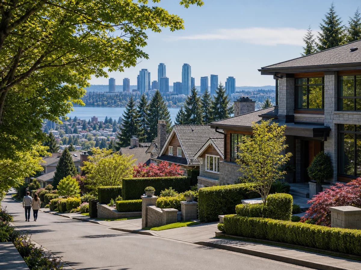 West Bellevue luxury neighborhood with Lake Washington and the downtown Bellevue skyline in the distance
