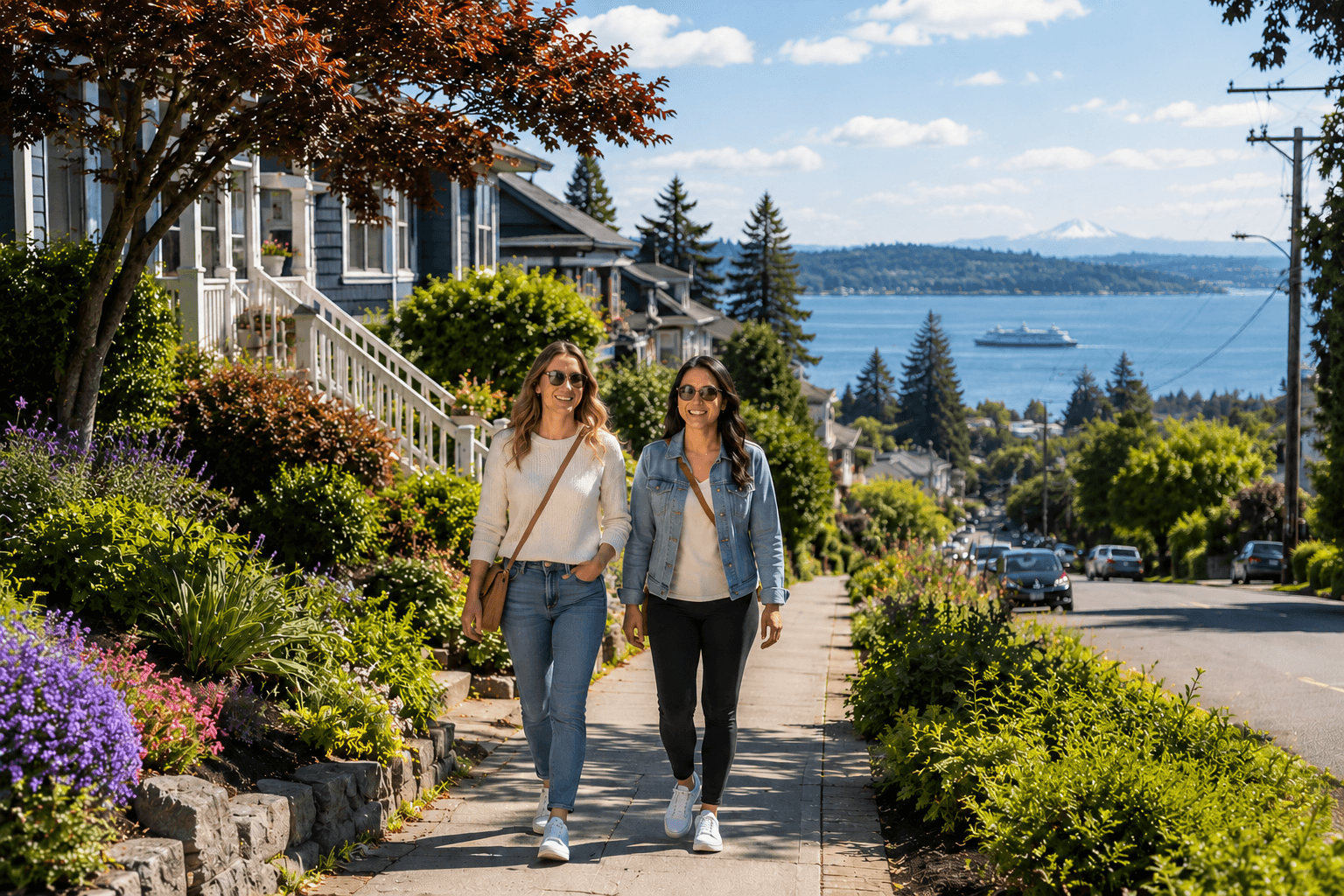 Two women walking down a tree-lined West Seattle hillside sidewalk on a bright sunny day, with craftsman homes, blooming lavender and flower gardens, and a sweeping view across Puget Sound to Mount Rainier and a Washington State ferry crossing the water
