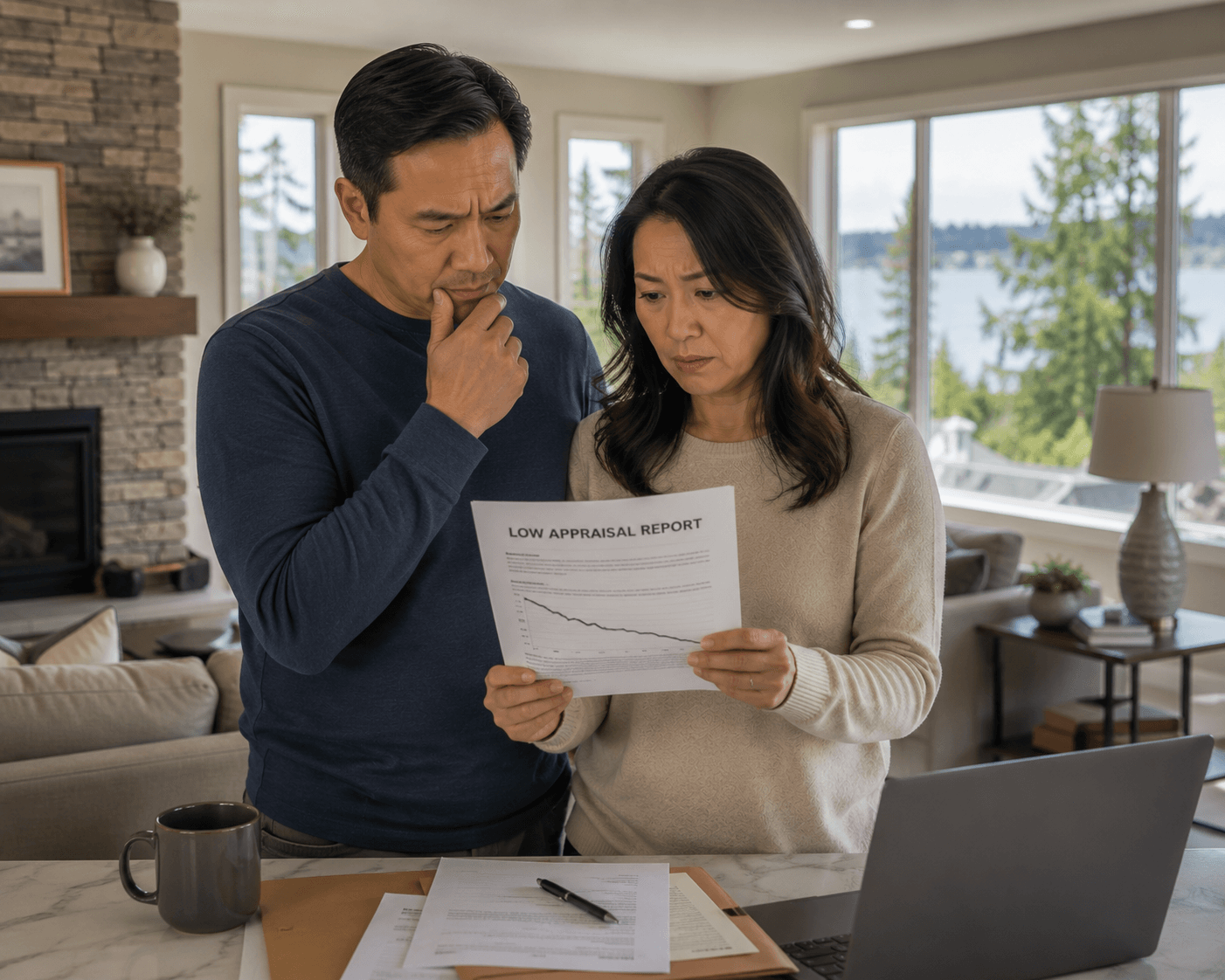 Worried Bellevue couple reviewing a low appraisal report in their living room with Lake Washington visible through the windows