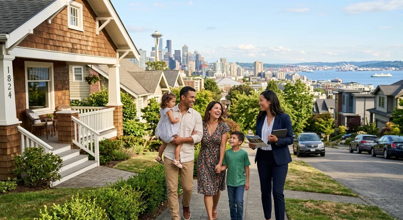 A modern Seattle home with a view of the city skyline, representing its high market value.