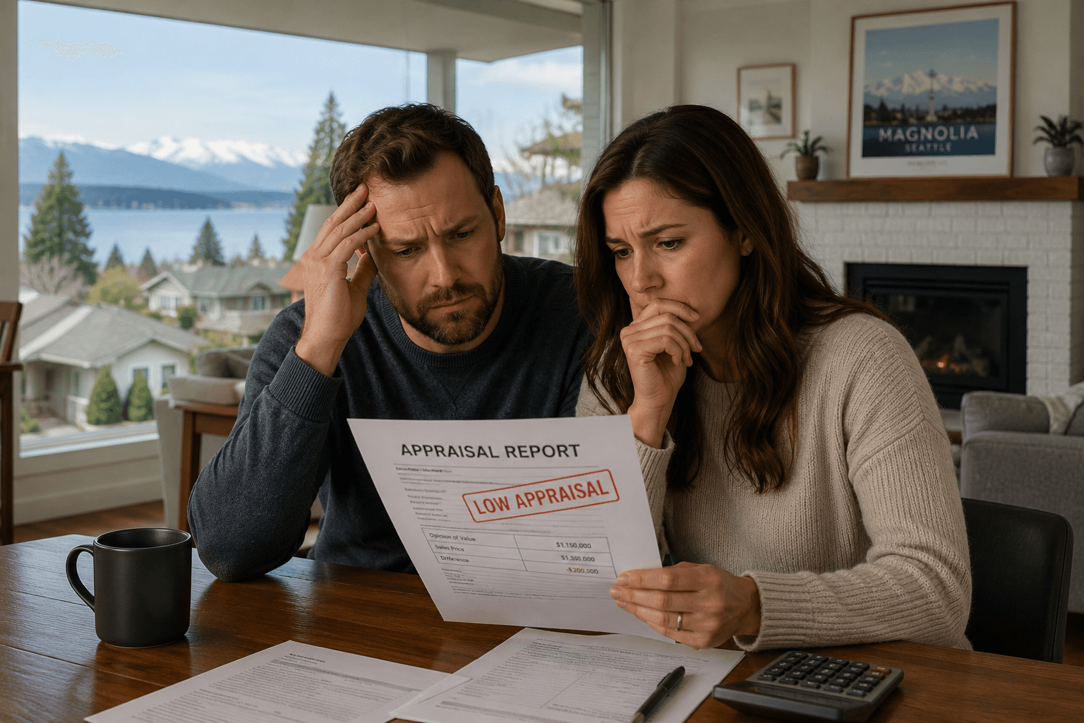 Worried Seattle couple at their dining table reviewing a low appraisal report, with Puget Sound and the Olympic Mountains visible through the window