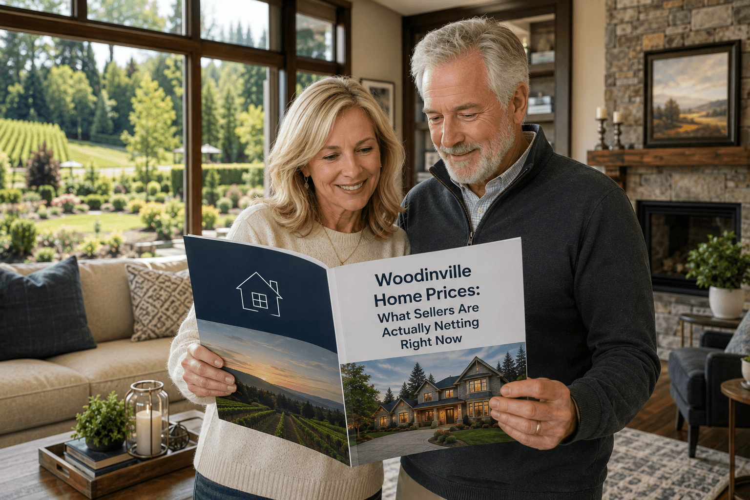 Woodinville Washington neighborhood street with single-family homes and tree-lined yards representing local home prices and seller net proceeds