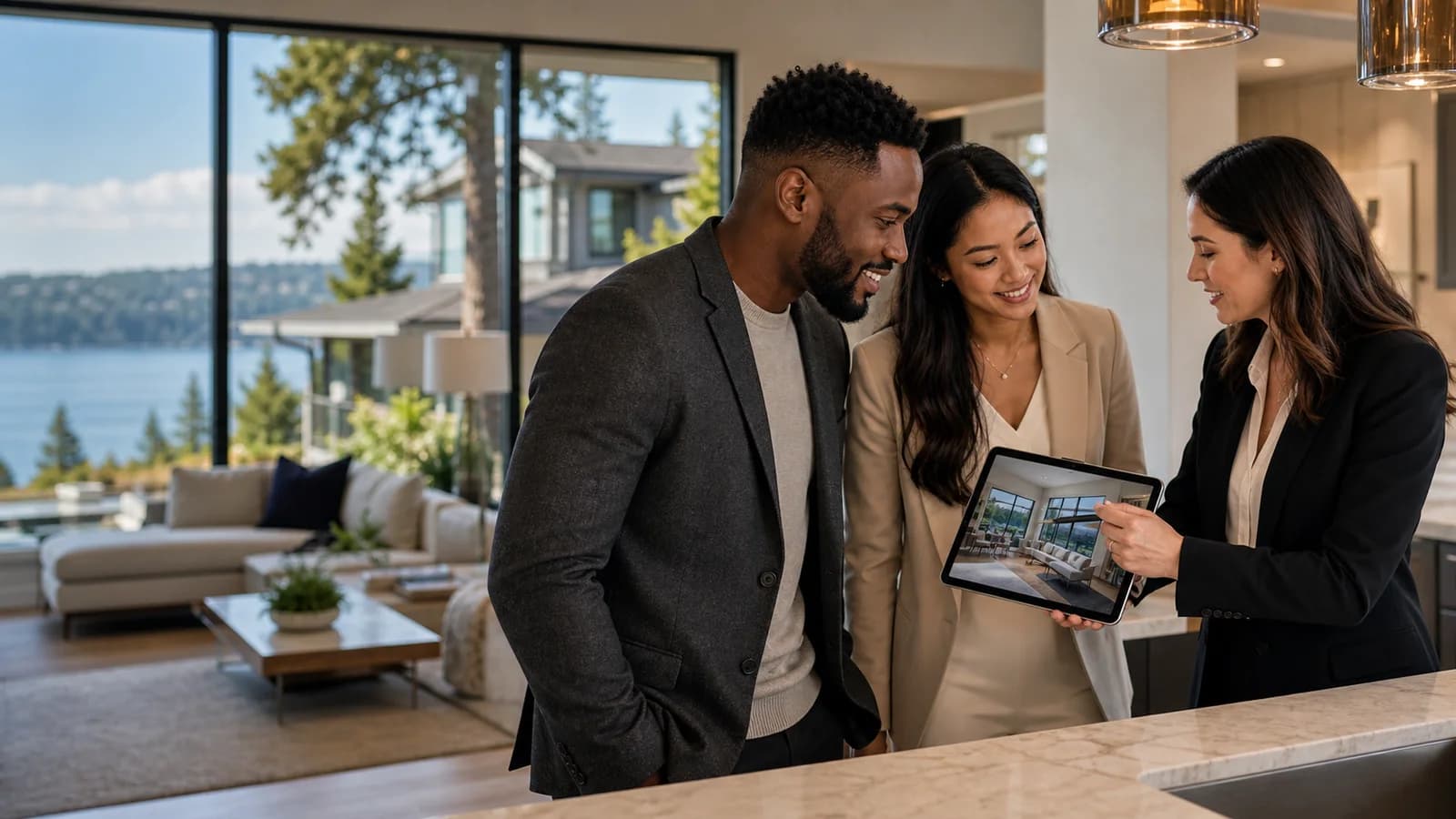 Dressed-up home buyers reviewing a luxury Bellevue home with a RexMont real estate advisor