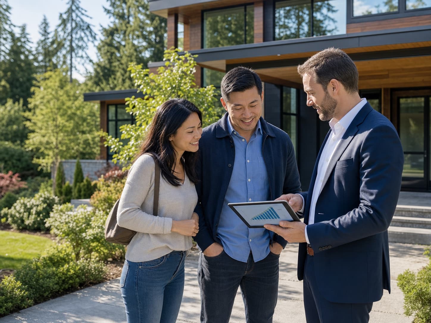 RexMont advisor reviewing Pacific Northwest homeownership strategy with buyers outside a modern home