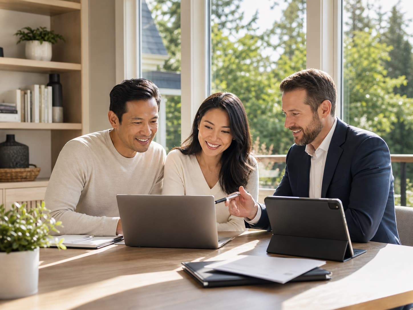Buyer and advisors reviewing mortgage pre-qualification in a bright home office