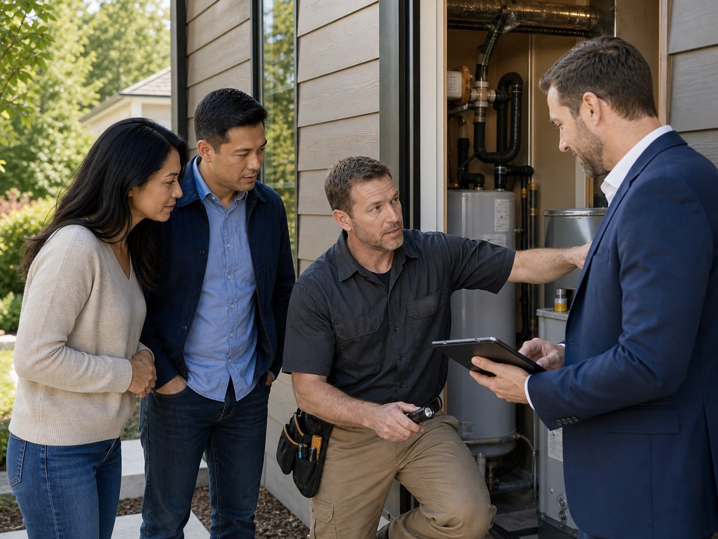 Buyers, a home inspector, and a RexMont advisor inspecting a Pacific Northwest home