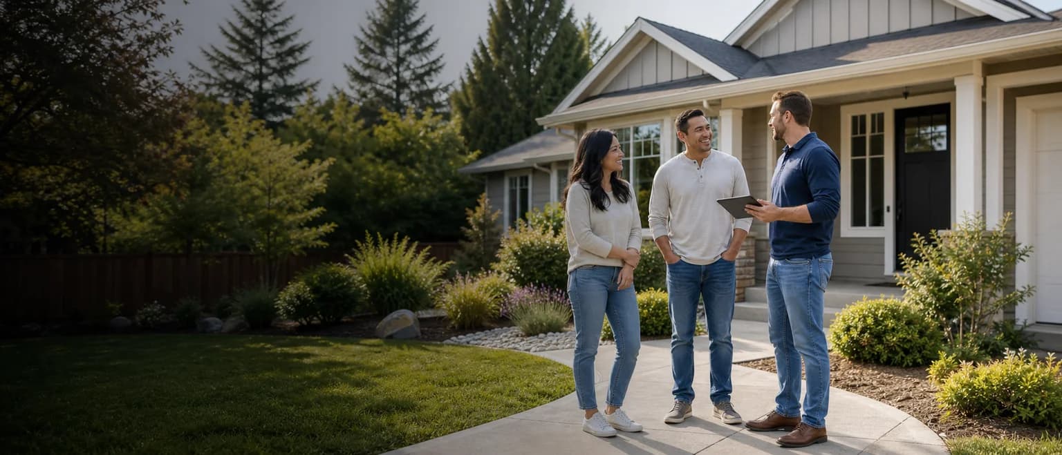 Homeowners reviewing a cash offer with a RexMont real estate advisor outside a Pacific Northwest home