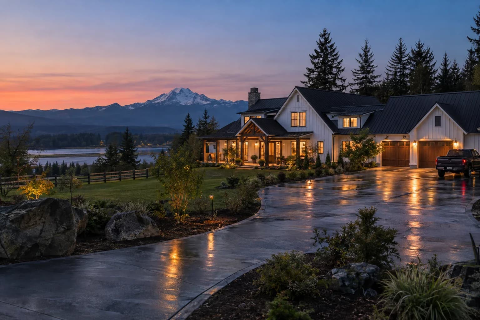 Farmhouse-style home on a large lot with a pickup in the drive in Arlington, Washington, with the Stillaguamish Valley with Whitehorse Mountain behind