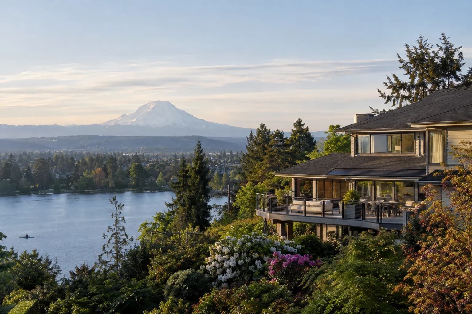 Two-story home with a wide back deck facing the mountain in Auburn, Washington, with Lea Hill with Mount Rainier huge and clear across the valley