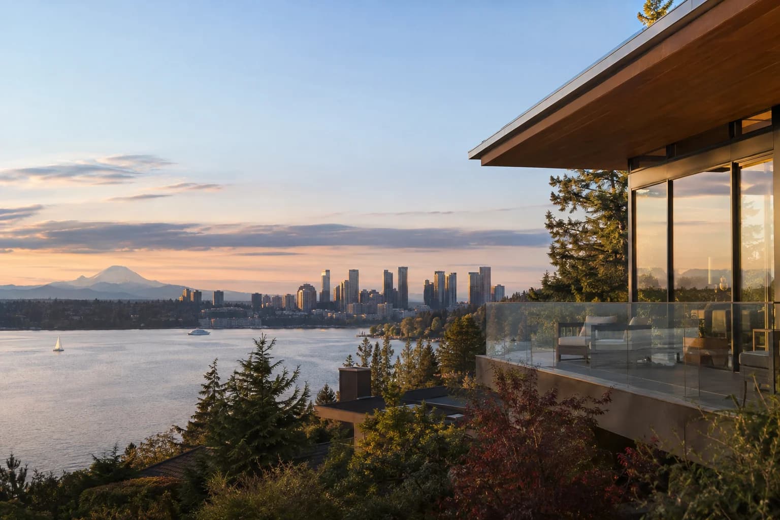 Northwest contemporary hillside home of glass and warm wood in Bellevue, Washington, with downtown Bellevue's skyline rising beyond Lake Washington and Meydenbauer Bay