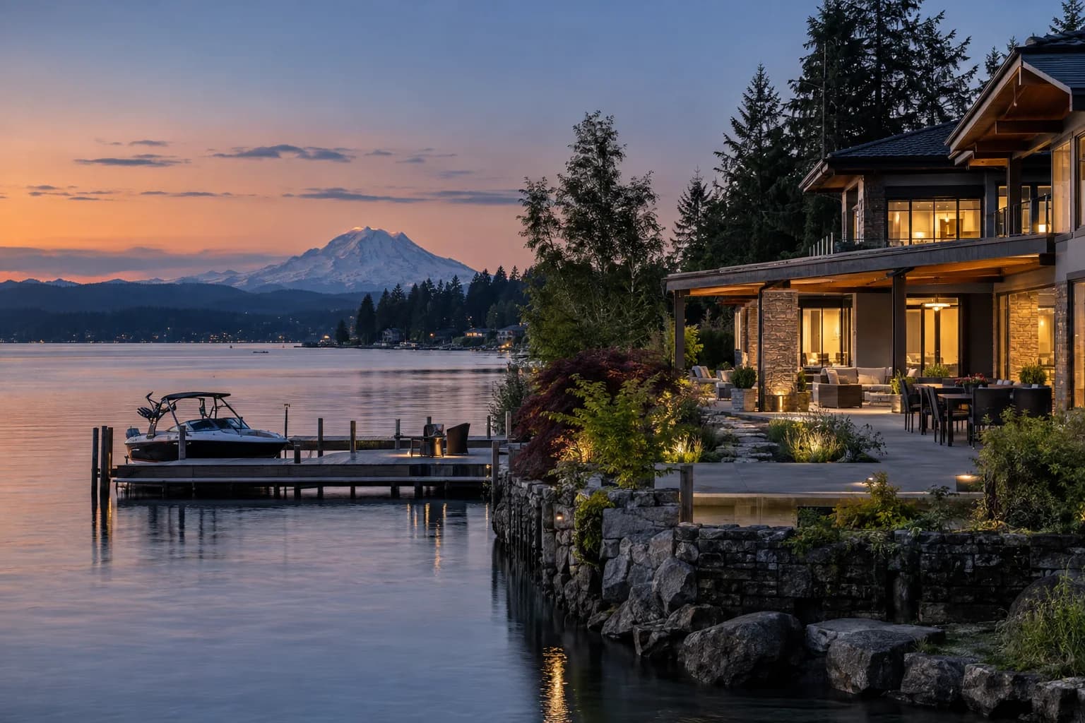 Lakefront home with a boat dock and a lakeside patio in Bonney Lake, Washington, with Lake Tapps with a dock and a boat, Mount Rainier enormous across the water