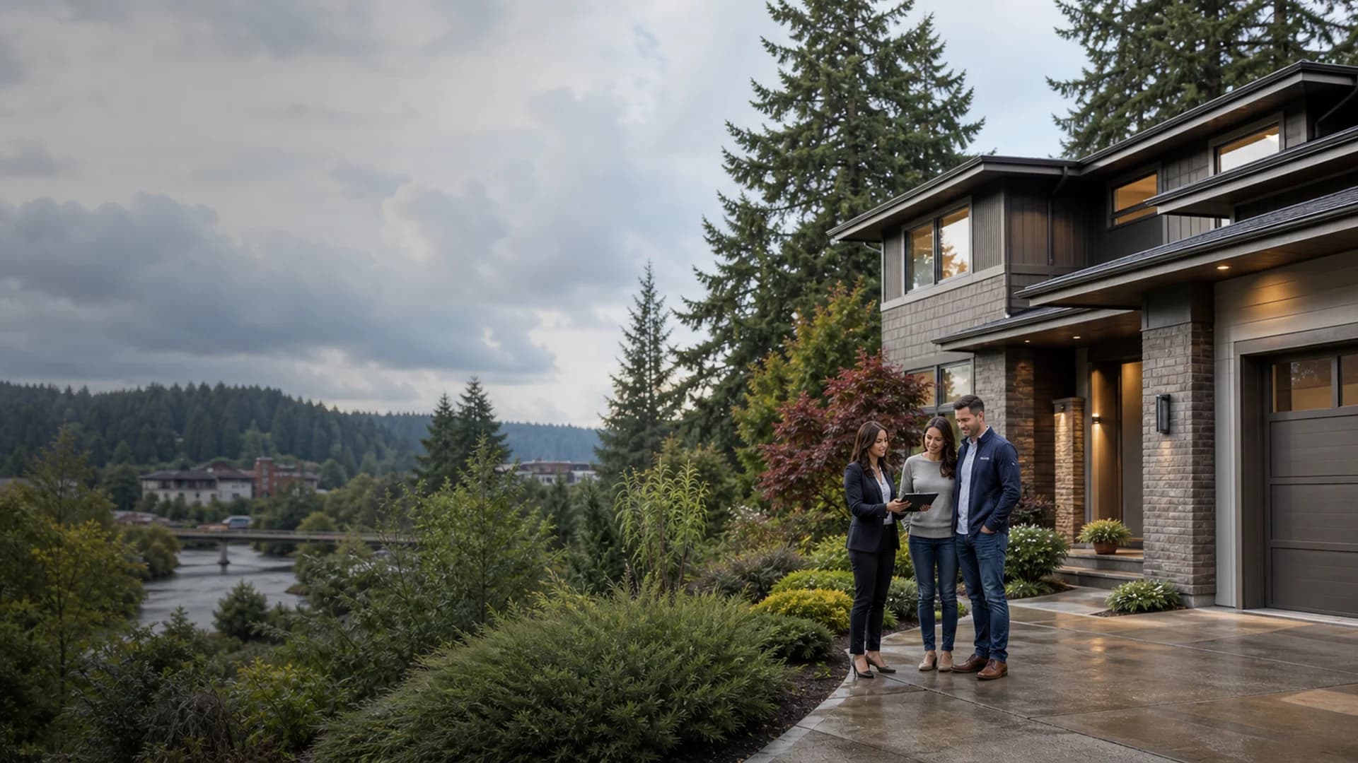 Bothell home buyers reviewing listings with a RexMont advisor near a Northwest contemporary home