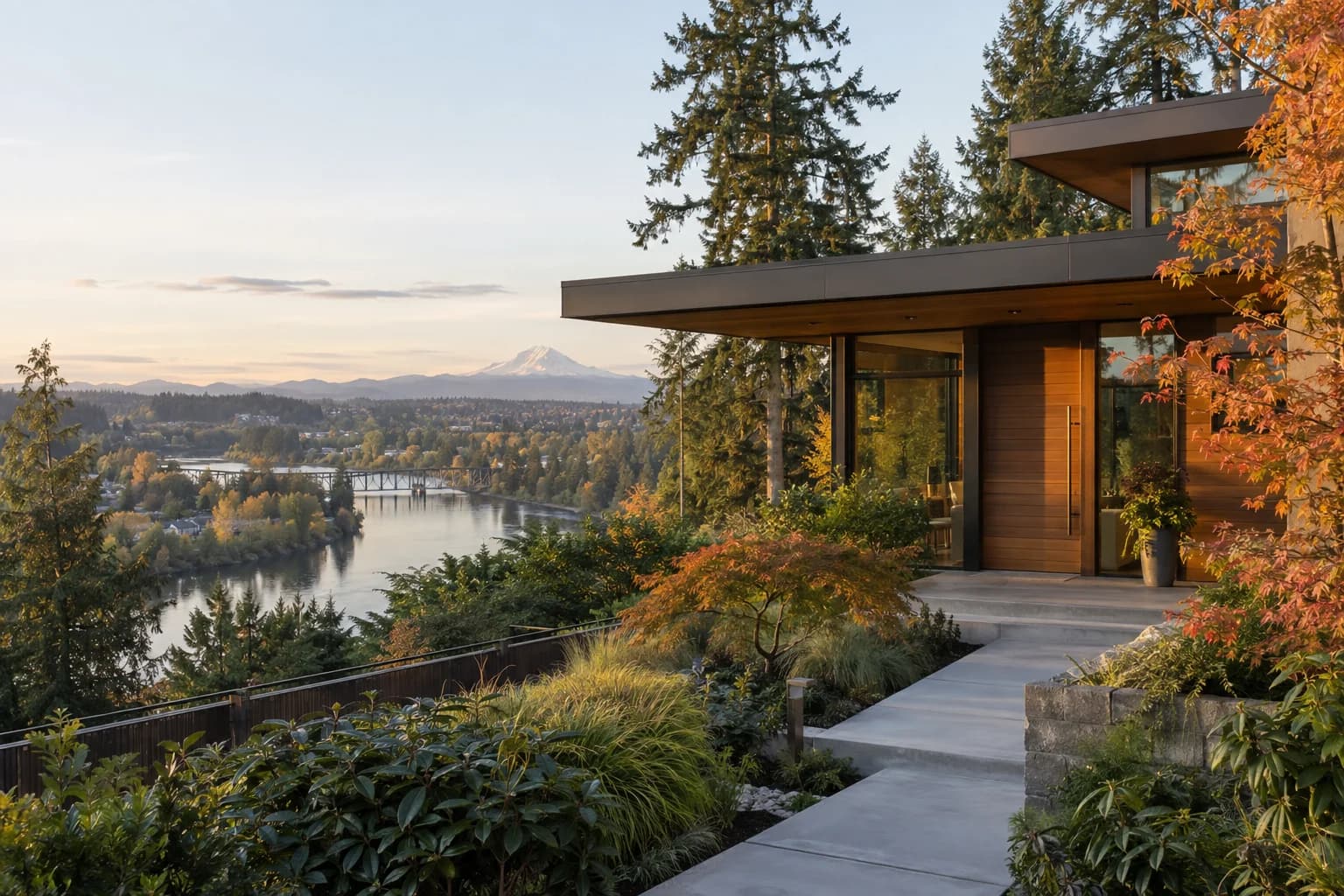 Bothell home buyers reviewing listings with a RexMont advisor near a Northwest contemporary home