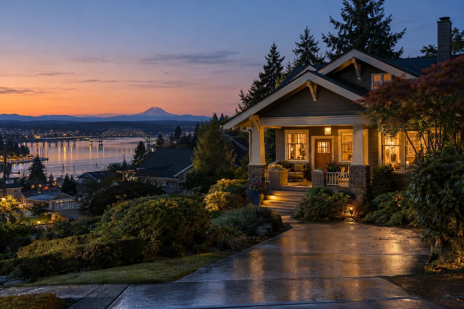 Restored craftsman bungalow with a deep front porch in Bremerton, Washington, with the Manette neighborhood above the Port Washington Narrows with the Manette Bridge