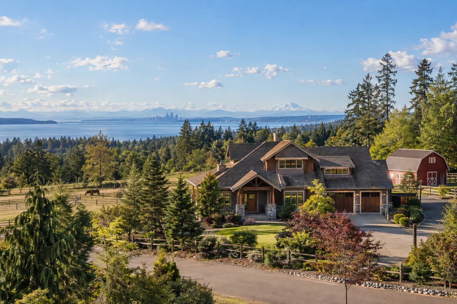 Country craftsman with a barn-red outbuilding in Brier, Washington, with a semi-rural street of large wooded lots with a horse pasture and split-rail fence