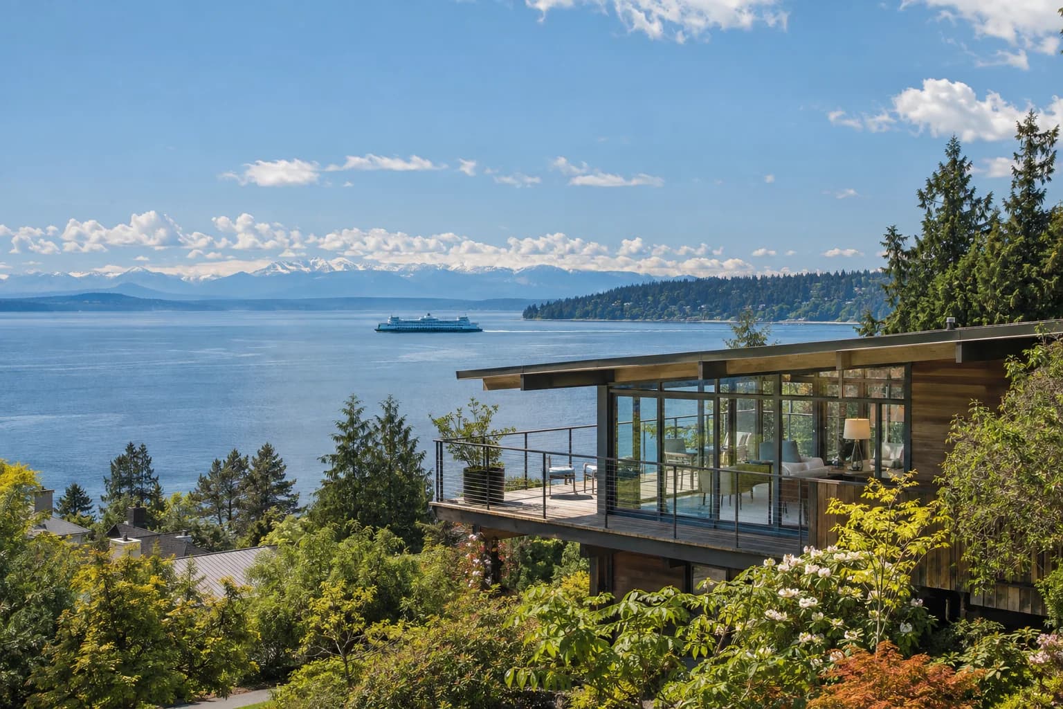 Mid-century post-and-beam home on the slope above the beach in Burien, Washington, with the Seahurst and Three Tree Point shoreline, a ferry on the Sound, Olympics behind