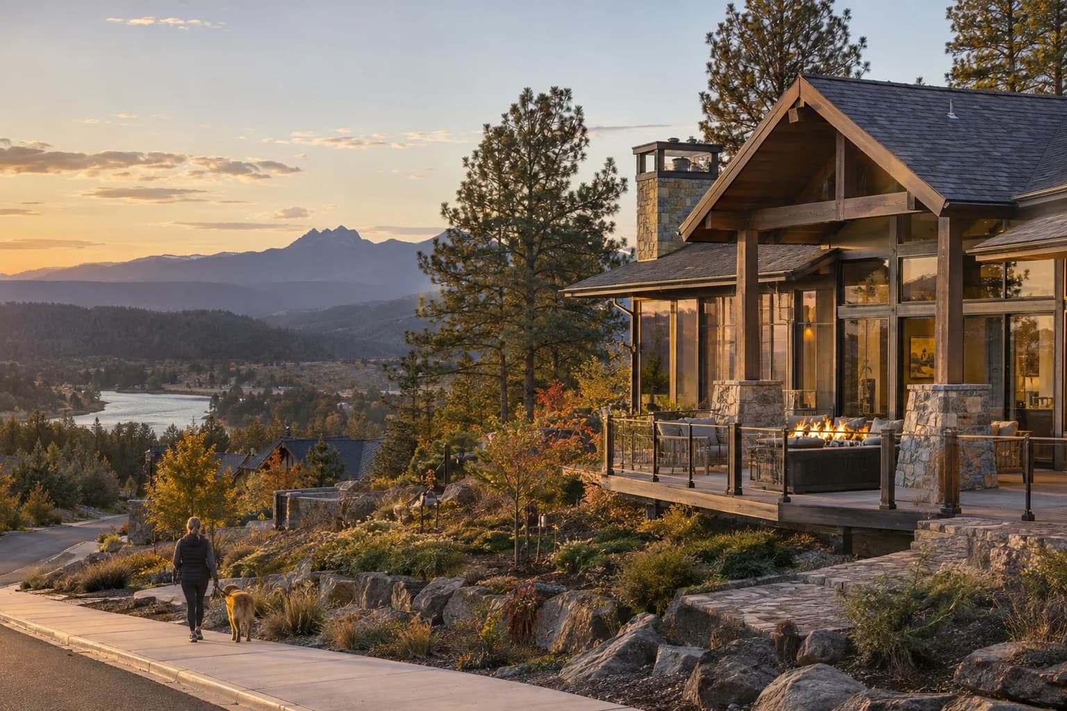 Timber-and-stone mountain home with a fire-table deck in Cle Elum, Washington, with ponderosa pines and the dry eastern-slope Cascade Mountains above the Cle Elum River valley