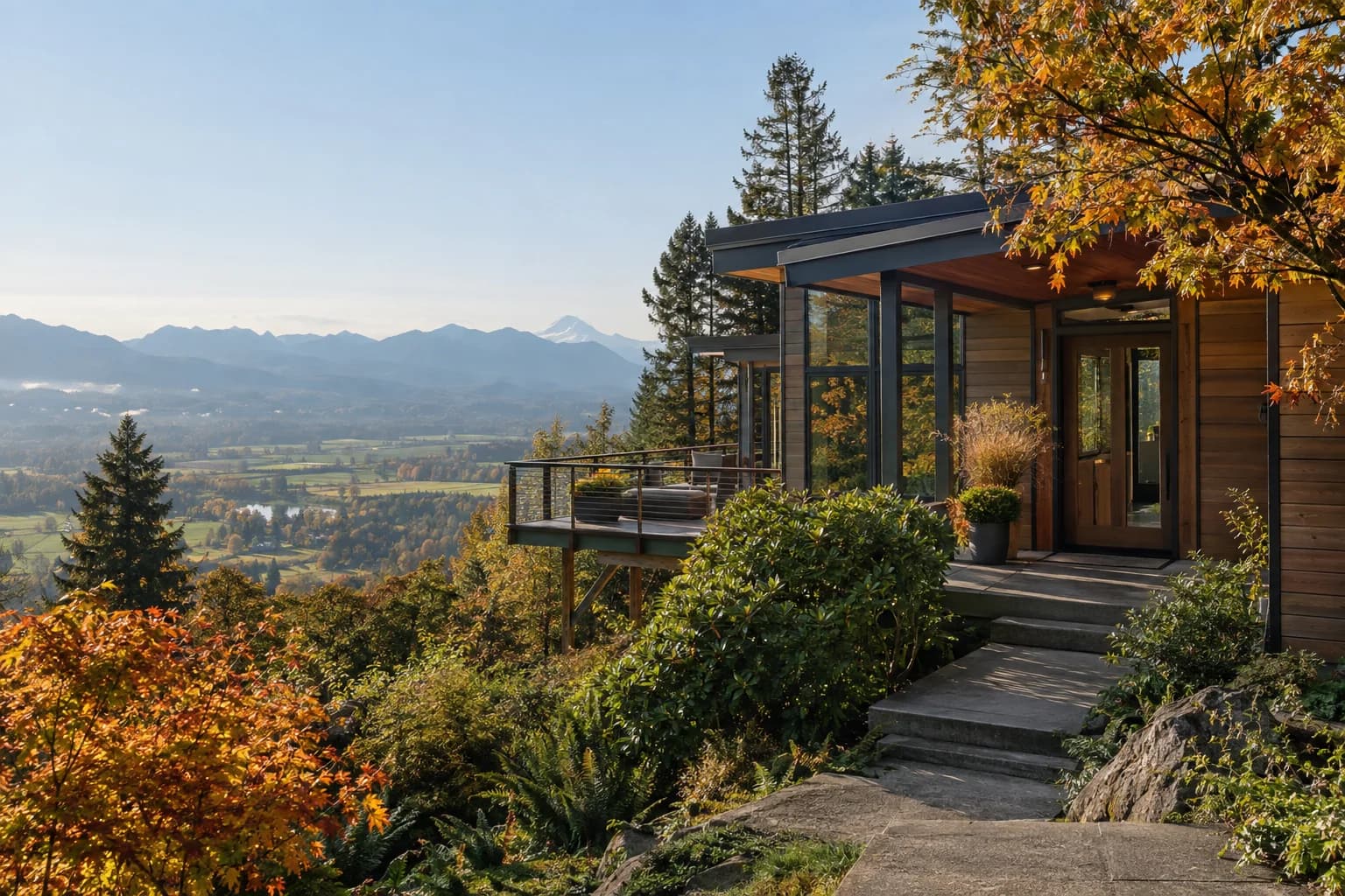 Cedar-clad hillside home with a long view deck in Duvall, Washington, with a hillside above the Snoqualmie Valley with farmland far below