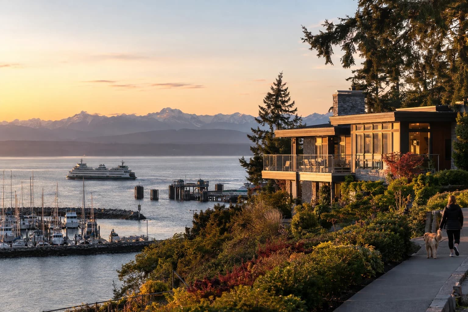 Bluff-top home with a west-facing deck over the ferry lanes in Edmonds, Washington, with the Edmonds waterfront with the Kingston ferry, the marina, Puget Sound and the Olympic Mountains