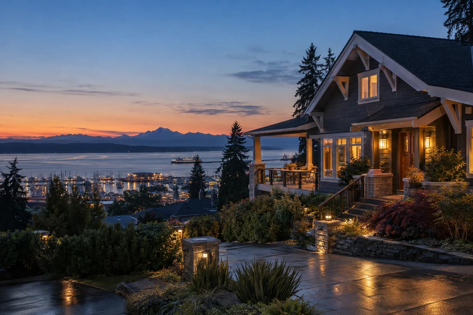 Hillside craftsman with a view porch in Everett, Washington, with the Riverside neighborhood above Port Gardner Bay with the marina and Whidbey Island