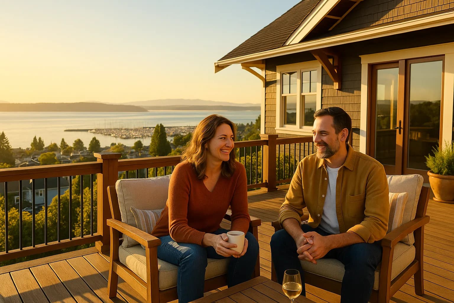 Couple on an Everett hillside deck above Port Gardner Bay