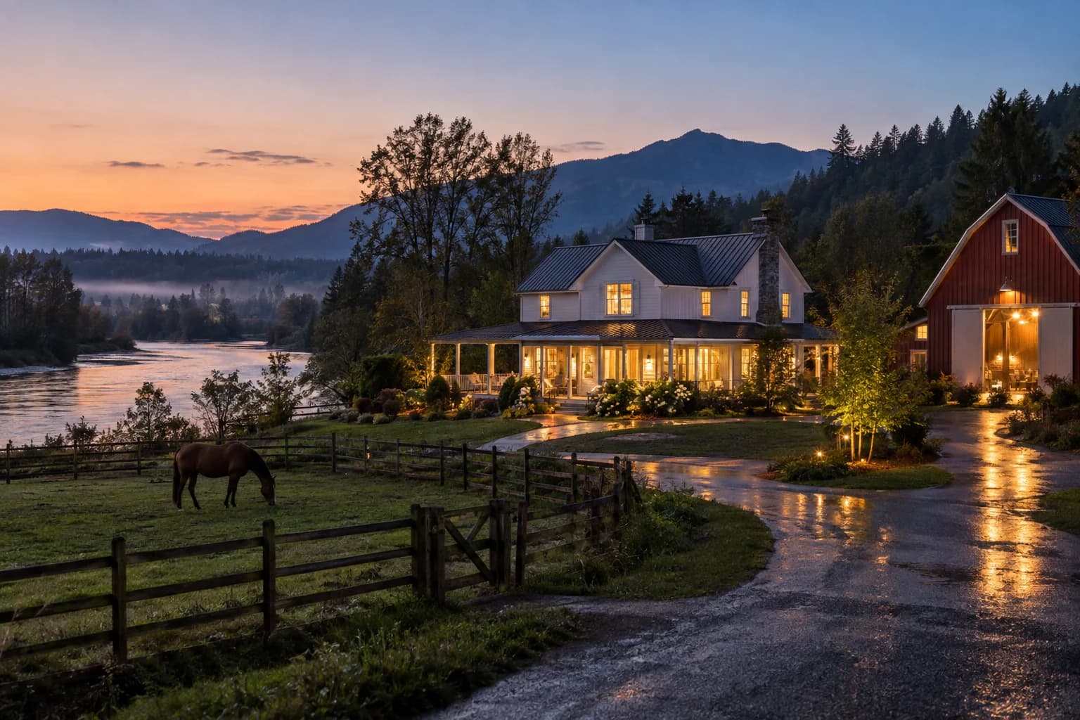 White farmhouse with a wraparound porch and a red barn in Fall City, Washington, with riverside acreage along the Snoqualmie River with pasture fence, a horse, cottonwoods and foothills