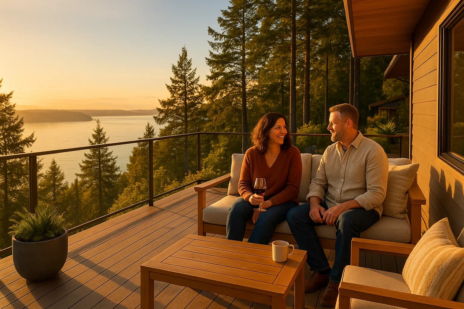 Couple on a Federal Way bluff deck above Puget Sound