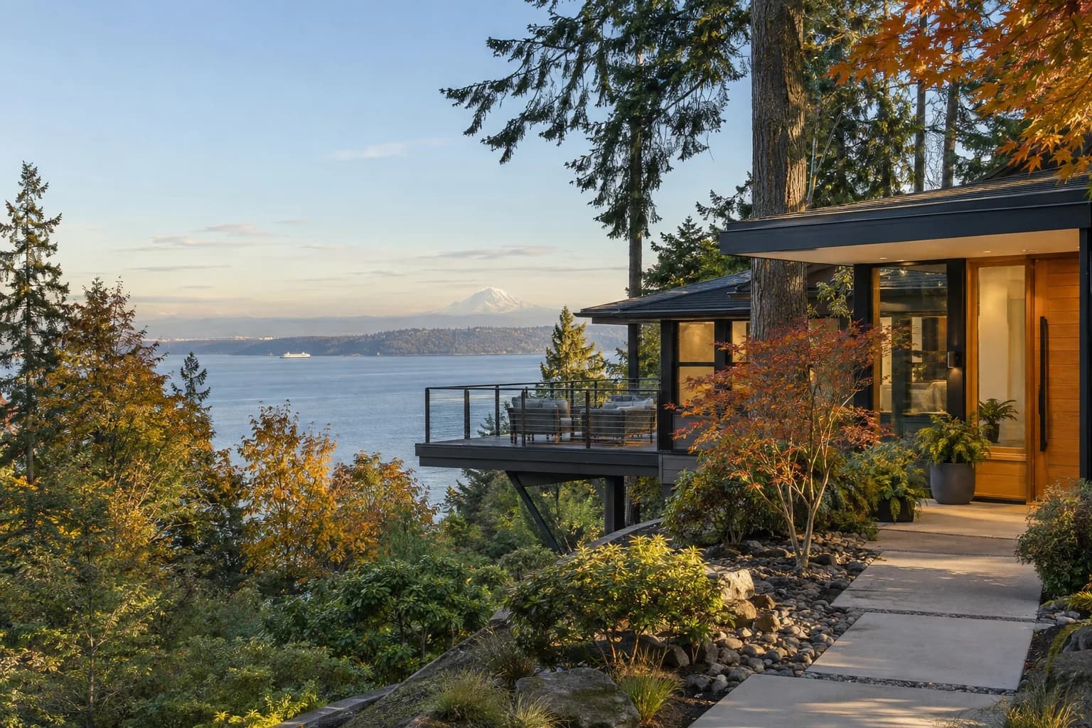 Northwest contemporary home tucked in firs with a cantilevered deck in Federal Way, Washington, with Dash Point's wooded bluff above Puget Sound with Vashon Island through the trees