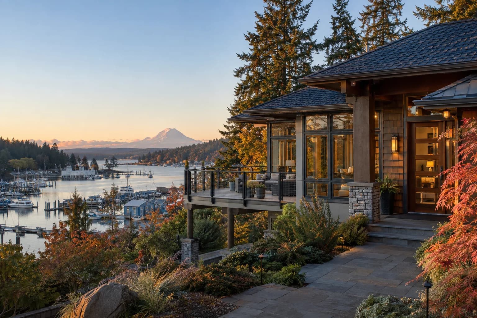 Harbor-view home with a wraparound deck in Gig Harbor, Washington, with Gig Harbor's marina with fishing boats and net sheds, Mount Rainier over the harbor mouth