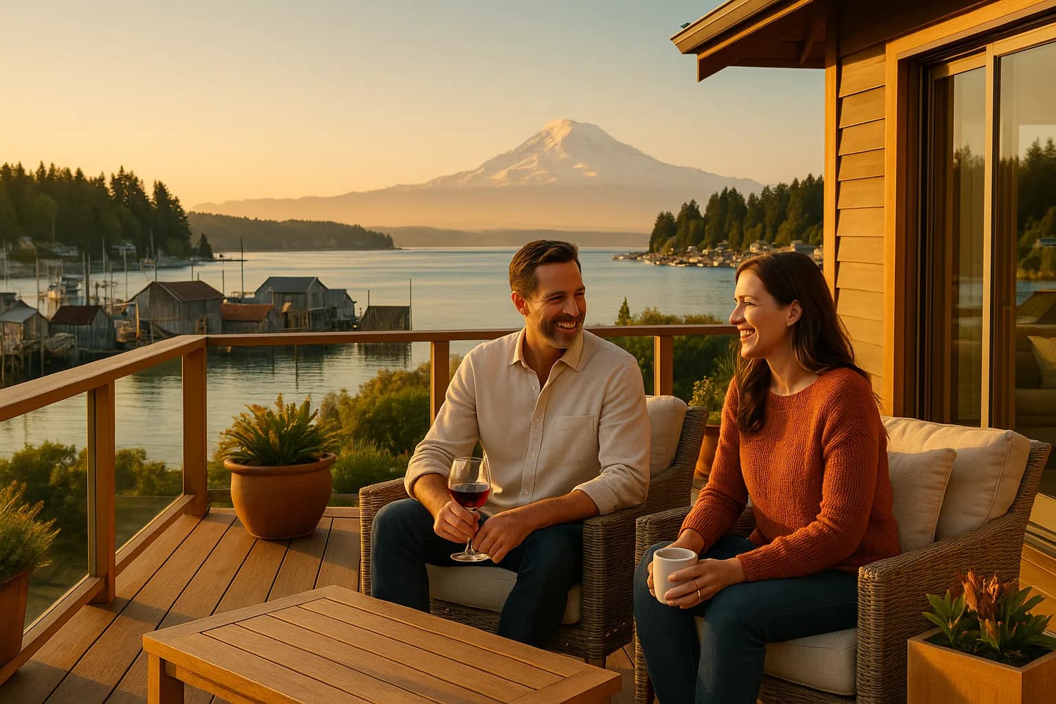 Couple on a Gig Harbor deck with Mount Rainier over the harbor