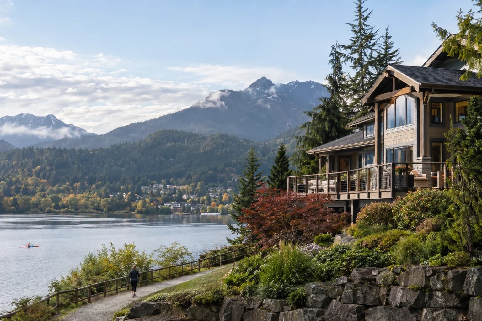 Craftsman two-story with a mountain-facing deck in Issaquah, Washington, with the Issaquah Alps with Tiger and Squak Mountain framing historic downtown