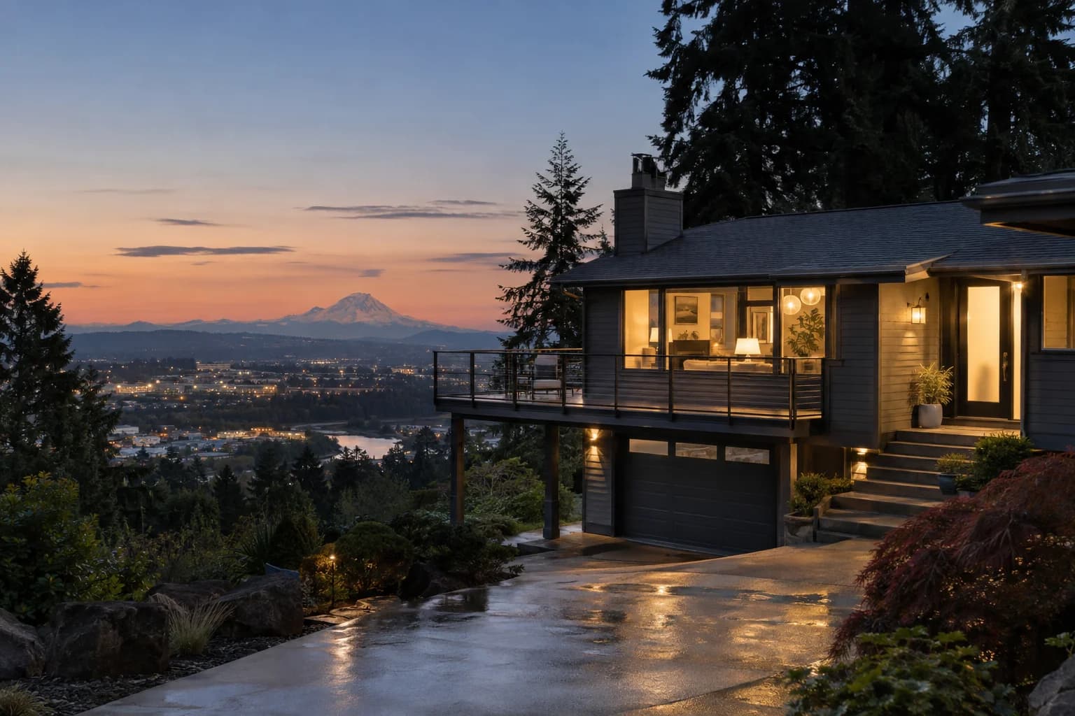 Renovated split-level in modern greys with a view deck in Kent, Washington, with the East Hill with the Green River valley and Mount Rainier in the distance