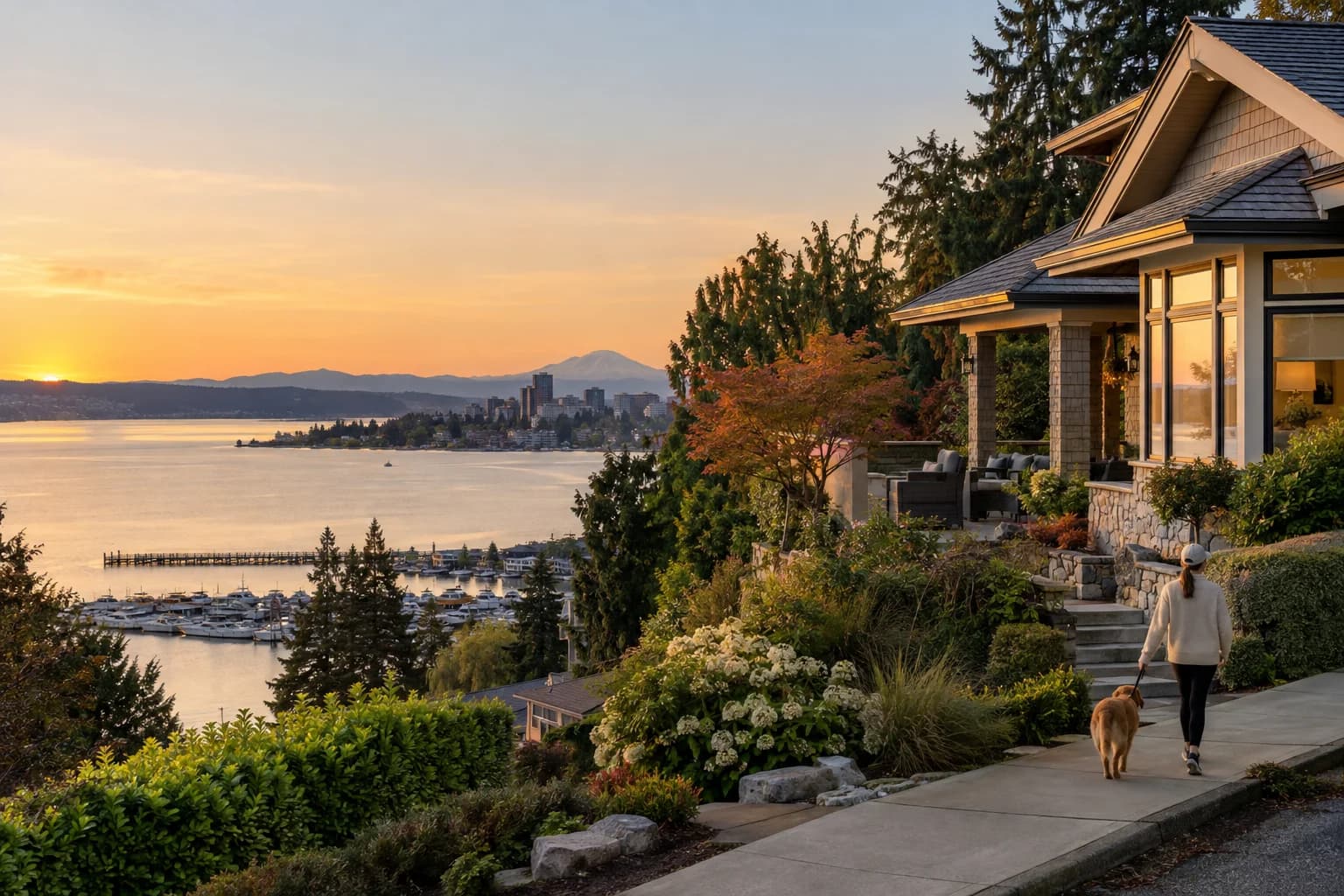 Shingle-style home above the lake with a view terrace in Kirkland, Washington, with Kirkland's Lake Washington waterfront with Marina Park and the downtown lakefront