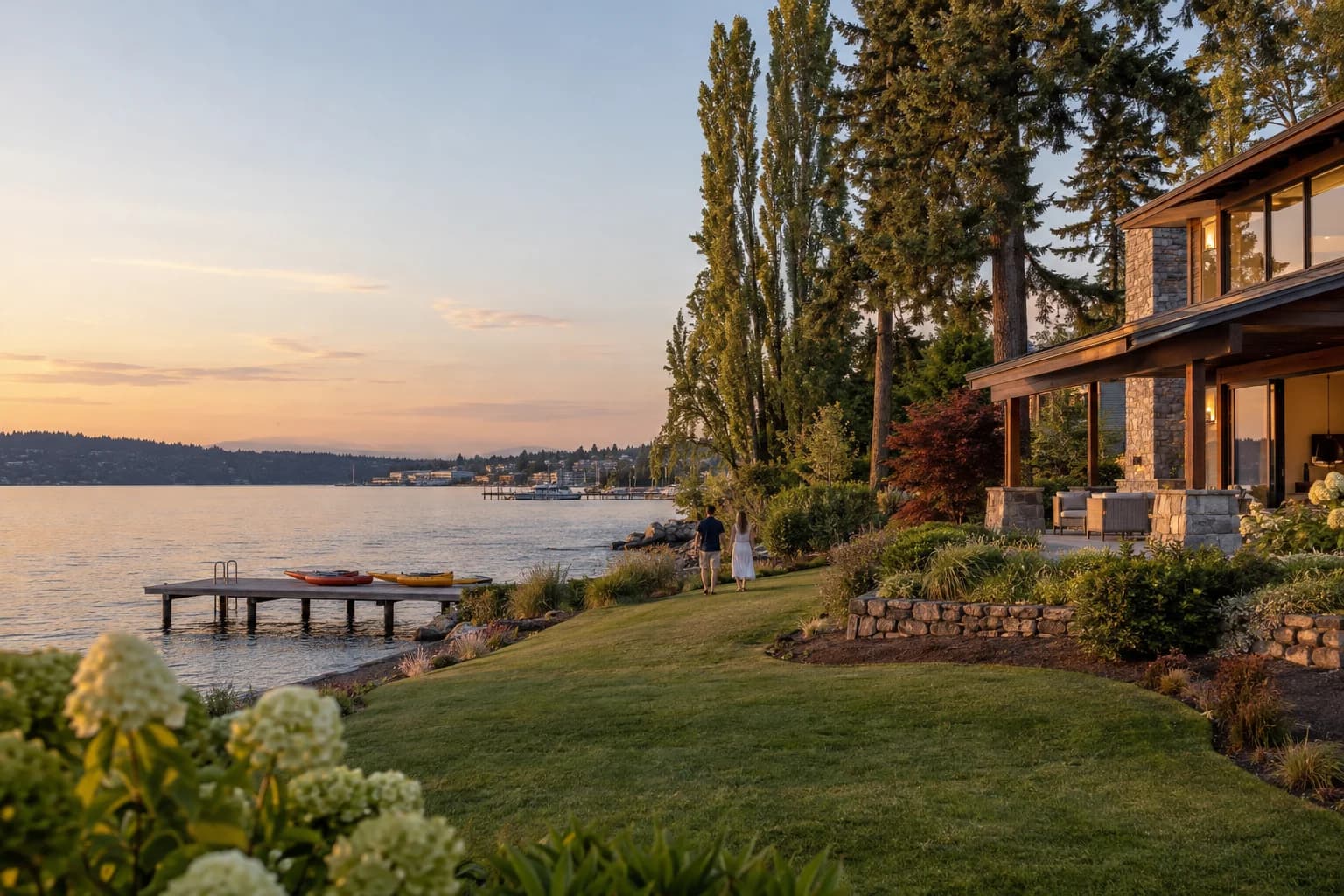 Shingle-style home above the lake with a view terrace in Kirkland, Washington, with Kirkland's Lake Washington waterfront with Marina Park and the downtown lakefront