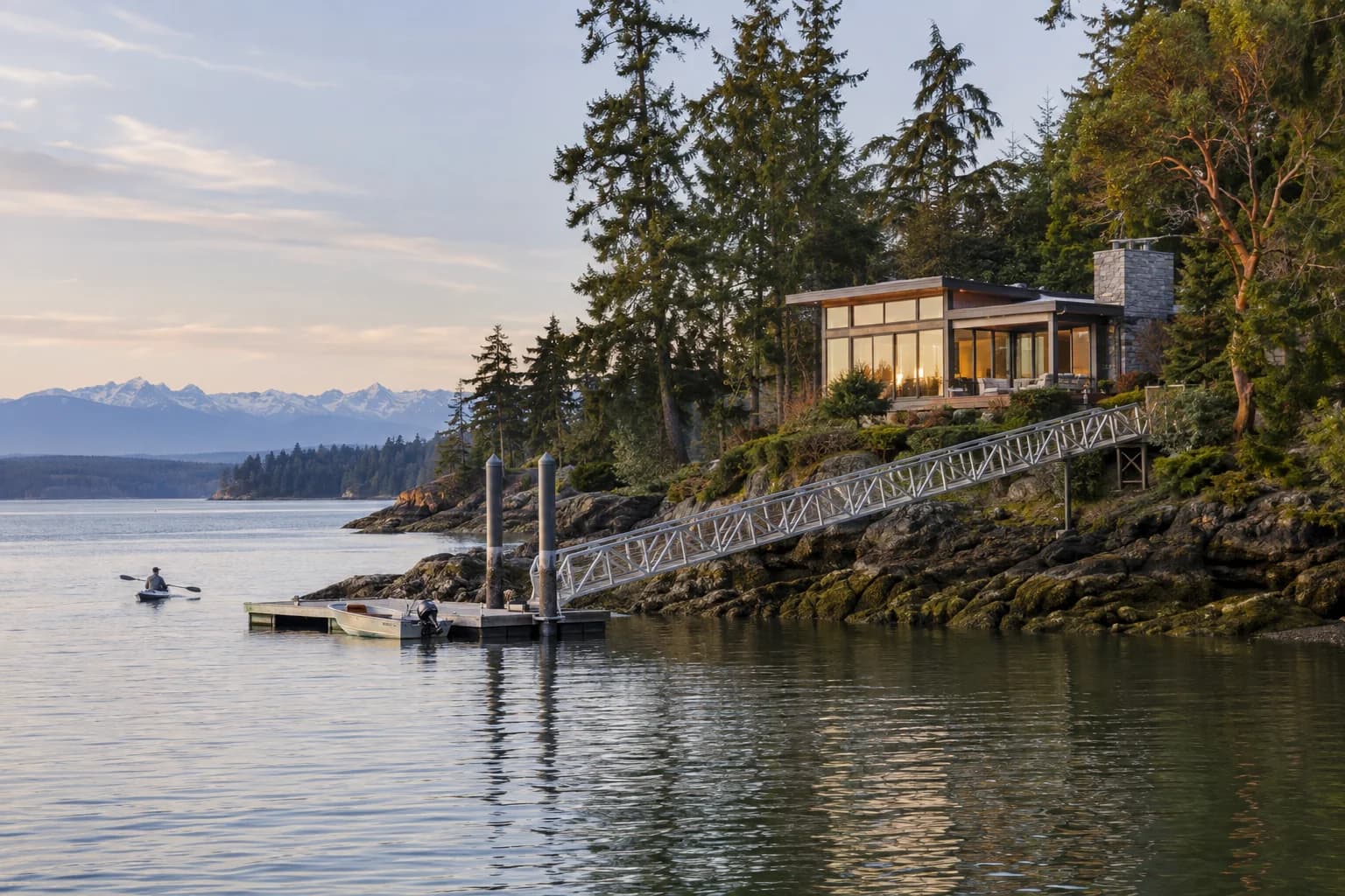 Northwest contemporary waterfront home with a long dock in Kitsap County, Washington, with a wooded Puget Sound shore with madrona trees, a dock at low tide and the Olympic Mountains