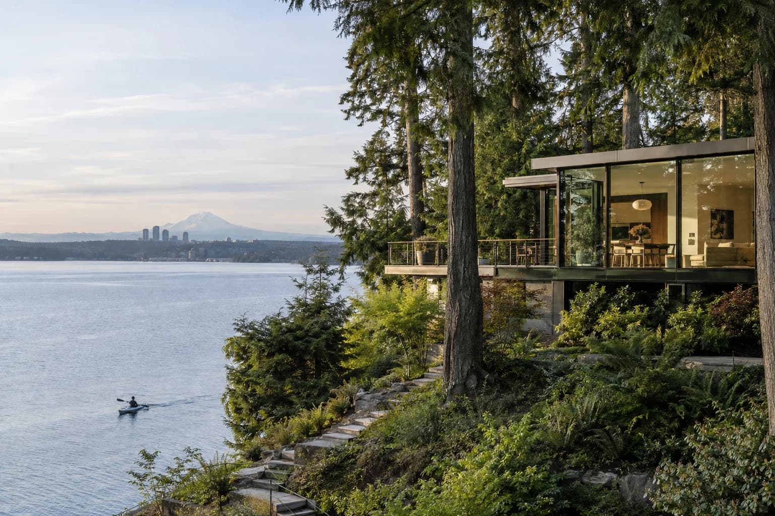 Contemporary home nestled among cedars with a glass wall in Lake Forest Park, Washington, with a forested hillside of huge cedars and ferns near Lake Washington