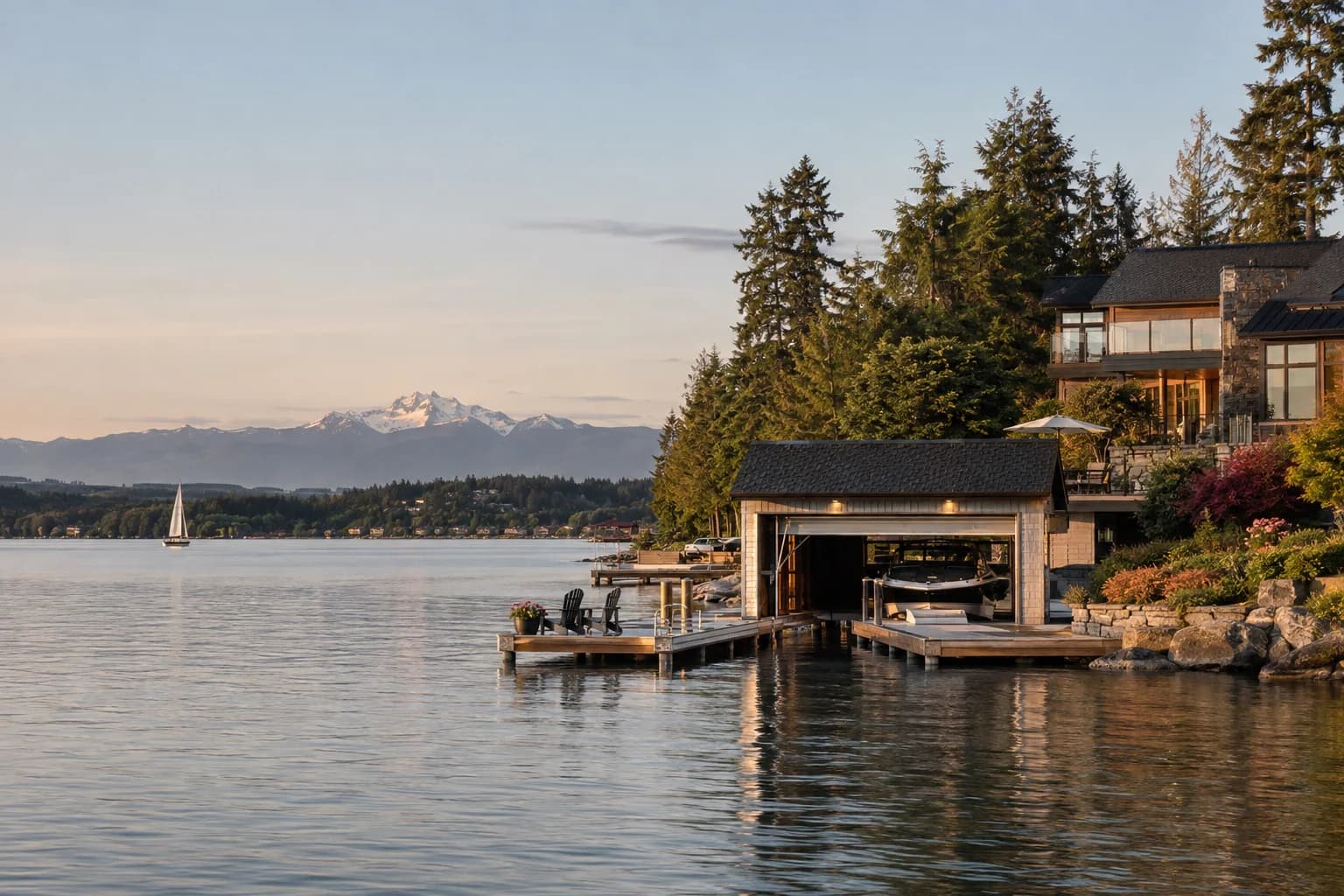 Lakefront home with a boathouse and dock in Lake Stevens, Washington, with Lake Stevens with a dock and small boat, Mount Pilchuck and the Cascades across the lake
