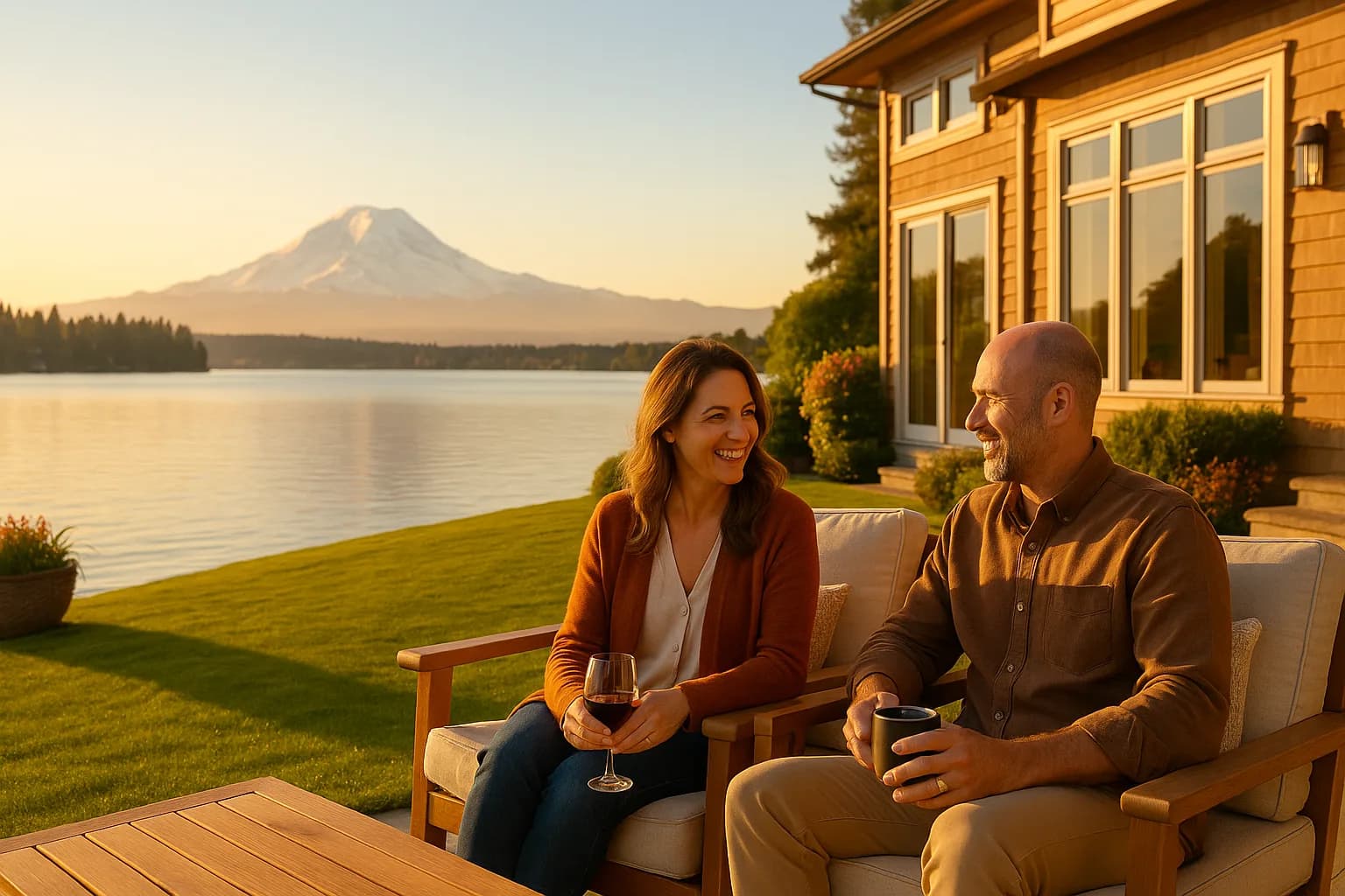 Couple on a Lakewood lakefront terrace with Mount Rainier across the lake
