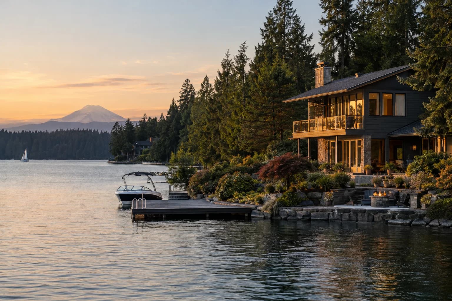 Lakeside two-story with a dock and a fire pit terrace in Maple Valley, Washington, with Lake Wilderness shoreline ringed by tall second-growth firs