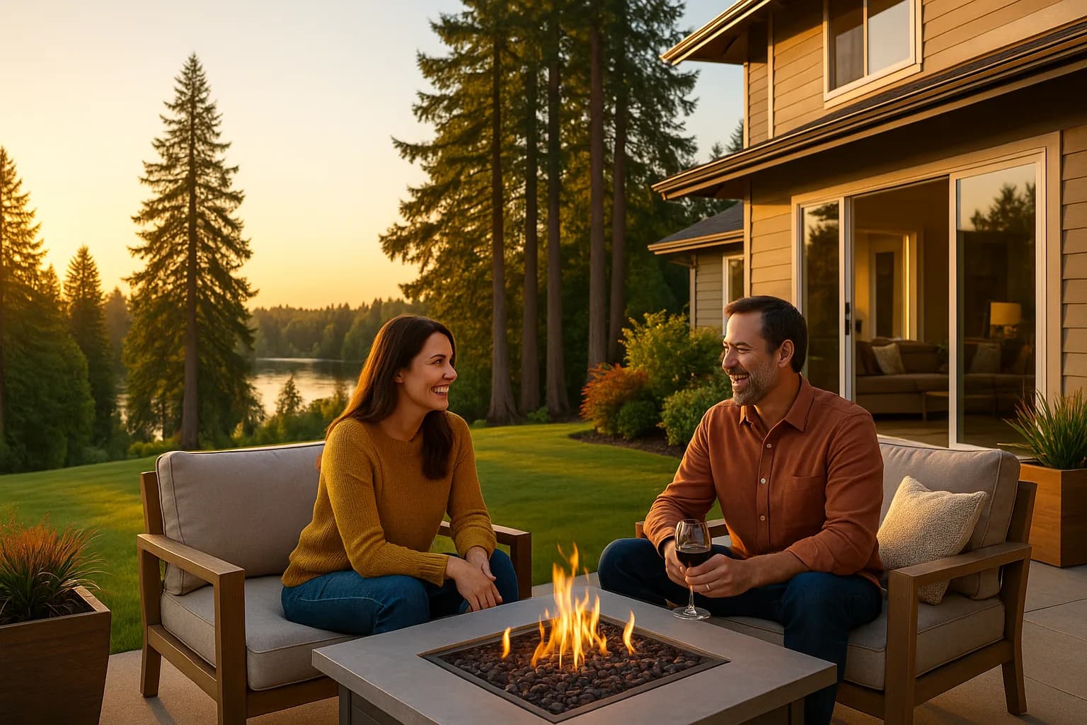 Couple on a Maple Valley patio among tall firs near Lake Wilderness
