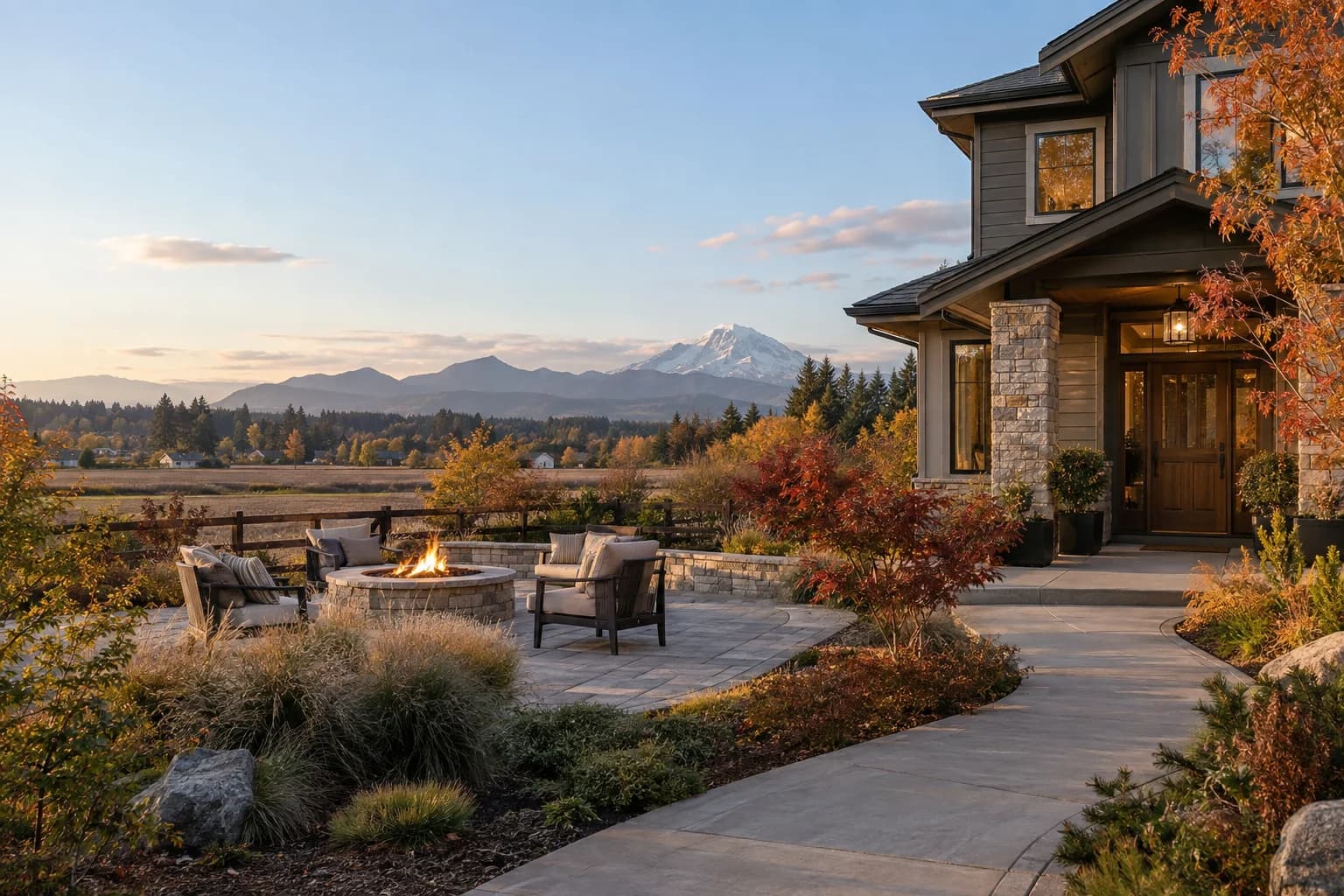 Newer two-story with a fire-pit patio facing the fields in Marysville, Washington, with the edge of farmland with wide open sky and Mount Pilchuck