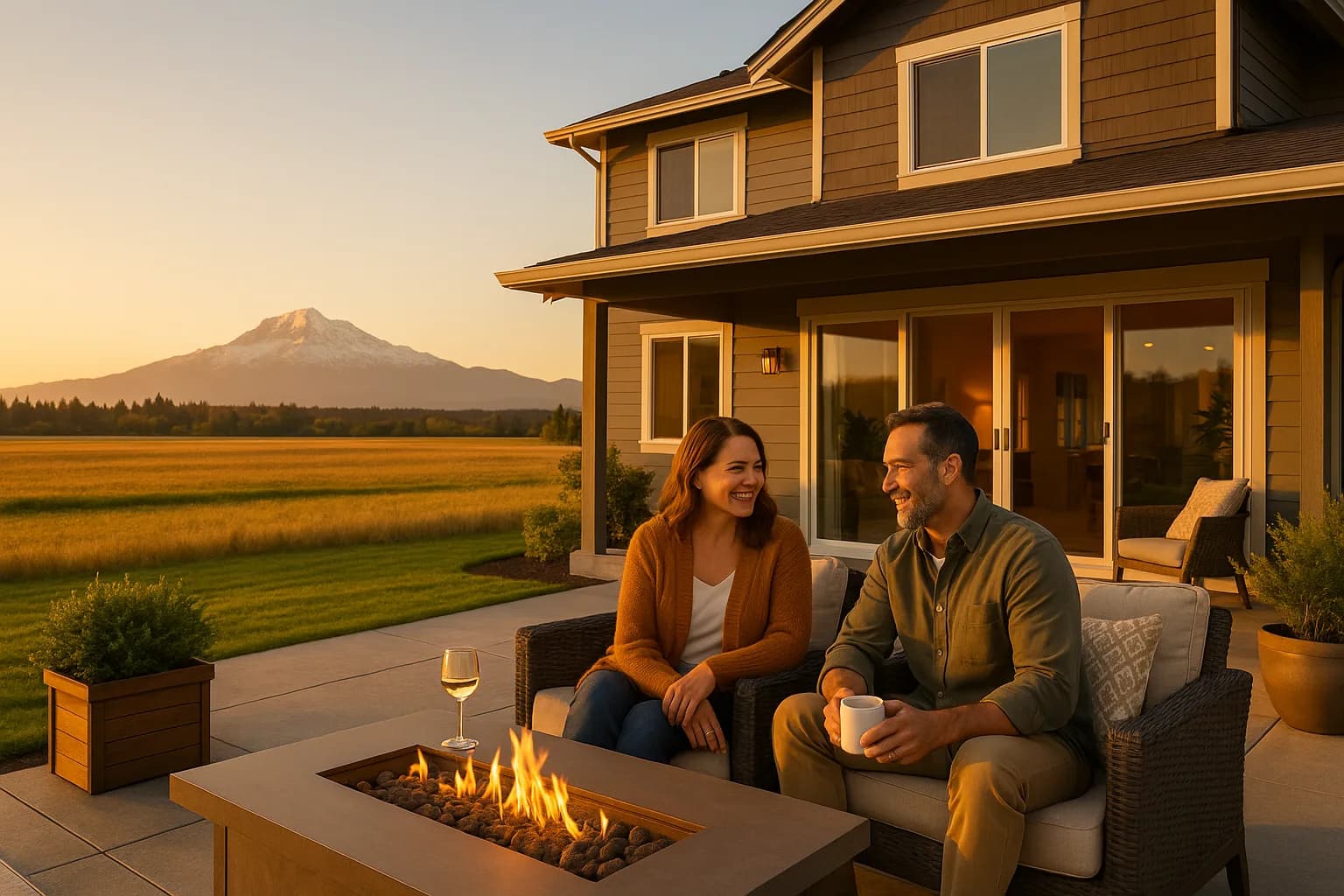 Couple on a Marysville patio with Mount Pilchuck in the distance