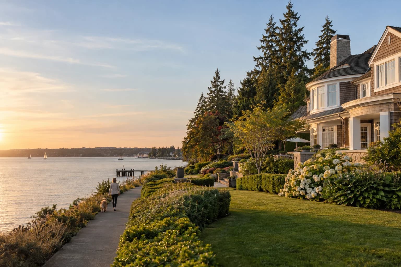 Shingle-style Medina estate on Lake Washington looking north toward the Kirkland waterfront