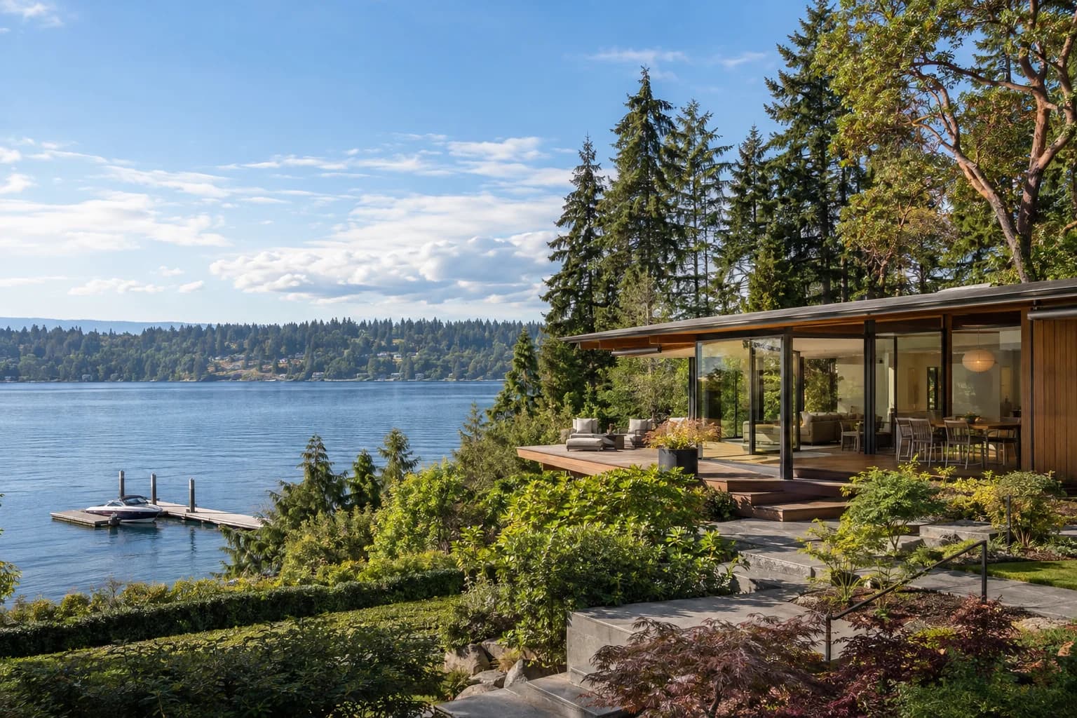 Mid-century modern home on Mercer Island's west shore with Lake Washington, a dock and tall Douglas firs