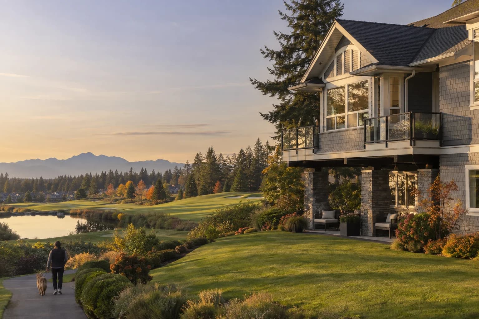 Two-story home with a golf-course patio in Mill Creek, Washington, with a golf fairway behind manicured landscaping