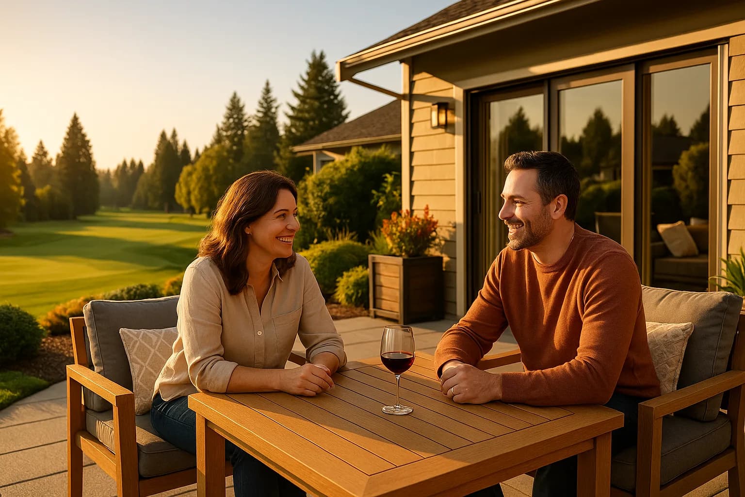 Couple on a Mill Creek patio beside the golf fairway