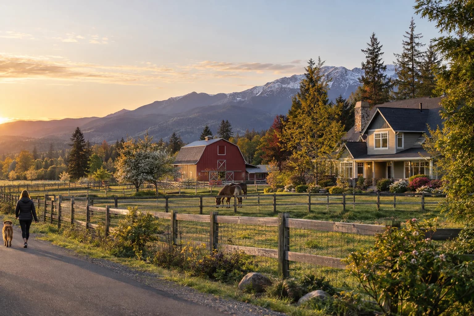 Acreage home with a red barn and a horse pasture in Monroe, Washington, with the Skykomish Valley with a barn, pasture and Cascade foothills